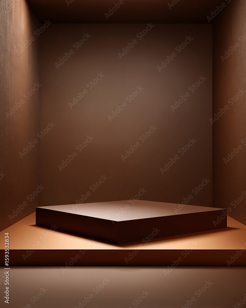 Poster digital render of two-tiered brown platform in enclosed space