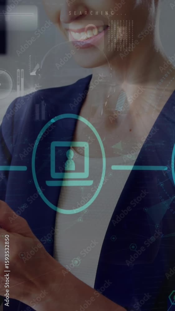 Aufkleber animation of interface with data processing over caucasian businesswoman using digital tablet