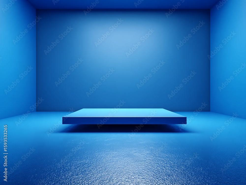 Poster digital rendering: blue room with square platform