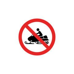 No snowmobile icon. Prohibition sign for snow machine. Symbol of restricted outdoor activity. Simple flat black and red vector icon for safety signage