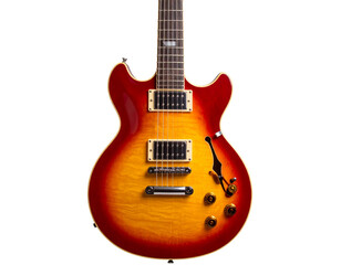 Fototapeta premium Electric Guitar with Fiery Flame Graphics, Front View on Transparent Background