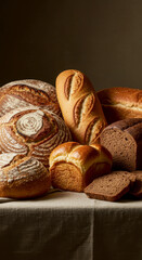 Breads assortment background. Different types of fresh bread on table, flat lay. group of different bread products