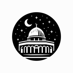 Obraz premium Black Vector Logo of Dome of the Rock with Starry Night — Silhouette Symbol of Jerusalem Spirituality