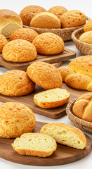 Breads assortment background. Different types of fresh bread on table, flat lay. group of different bread products