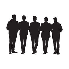 Group of five men standing together silhouette isolated on white background