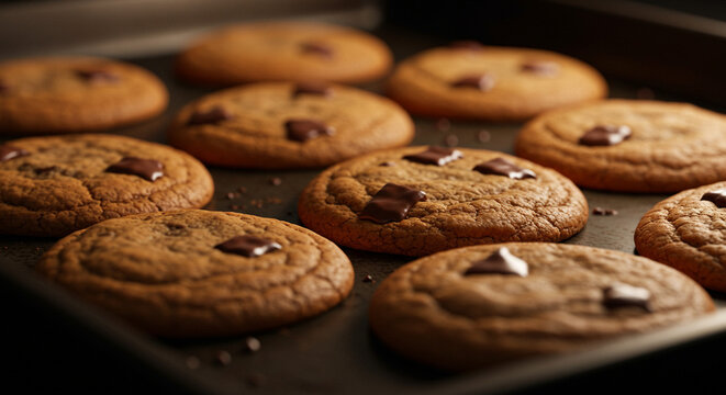 Close-up of freshly baked chocolate chip cookies