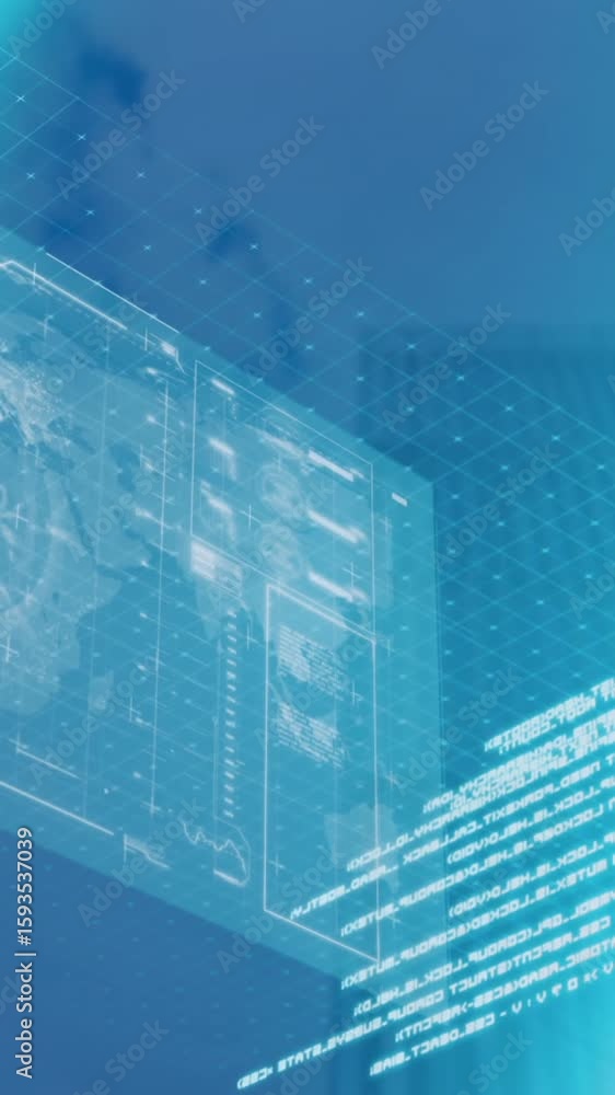 Aufkleber animation of interface with data processing and blue light spot against tall buildings