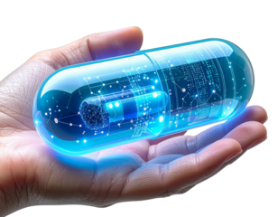Digital Futuristic Hand Holding Glowing Health Capsule, Tech Style Render, Isolated