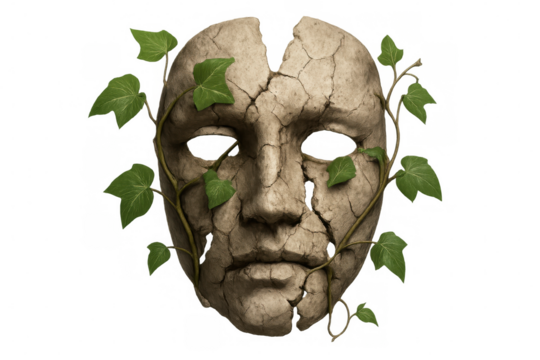 Stone mask is breaking apart with ivy growing on it, isolated on transparent background, representing decay, nature, and time