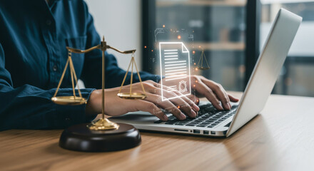 A businessperson reviews the virtual online document and paperwork. Company articles of association, Concepts of practices and policies. Legal documentary concept