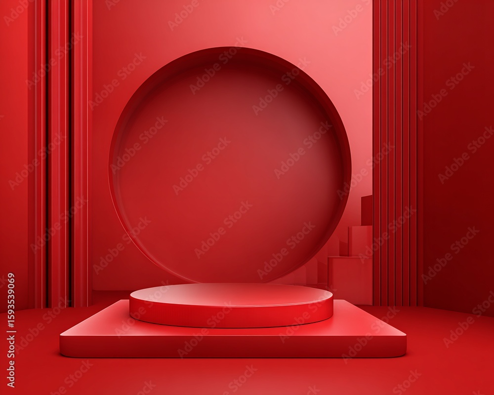 Poster red cylindrical platform display with geometric backdrop
