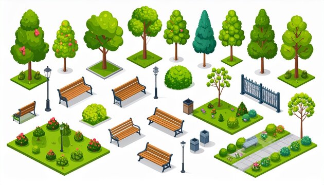 Modern park isometric elements constructor mega set. Creator kit with flat graphic street lanterns, trees and bushes, fences, benches, trash bins, paths. Vector illustration in 3D isometry design.