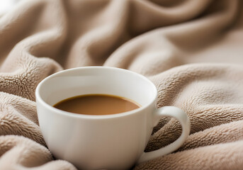 A white coffee cup filled with brown coffee resting on a soft, beige blanket. The scene evokes a cozy and warm atmosphere, perfect for relaxation or a morning routine.