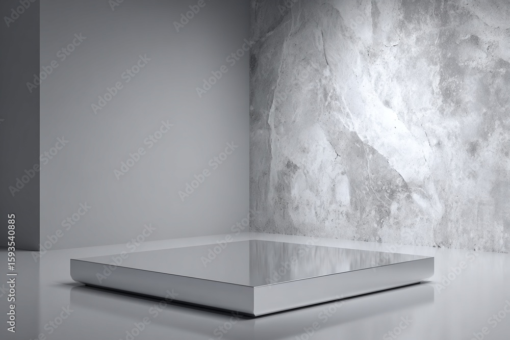 Poster silver platform display in minimalist corner setting