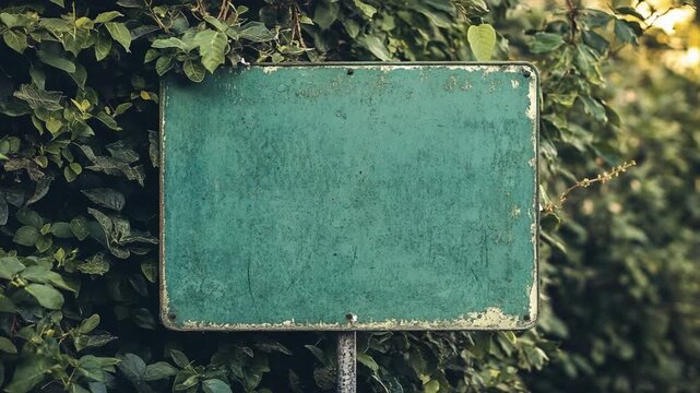 Sign Amidst Greenery: A vintage-style, empty sign, subtly weathered with texture, stands proudly amongst a verdant backdrop, ready to display an array of informational content or imaginative messages