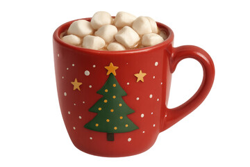 Red christmas mug filled with hot chocolate and topped with marshmallows, featuring a festive christmas tree design, isolated on transparent background