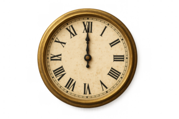 Vintage round wall clock displaying roman numerals, showing midnight time, set against transparent backdrop, embodying classic timepiece design