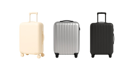 Three minimal travel suitcases standing silver beige and black colors hard case trolley luggage with wheels and handles isolated on transparent background
