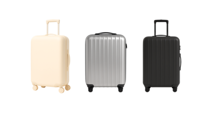 Three minimal travel suitcases standing silver beige and black colors hard case trolley luggage with wheels and handles isolated on transparent background