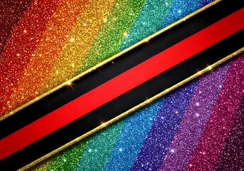 Obraz premium A vibrant, glittery background featuring rainbow colors with a bold black and red stripe in the center, adorned with golden borders.