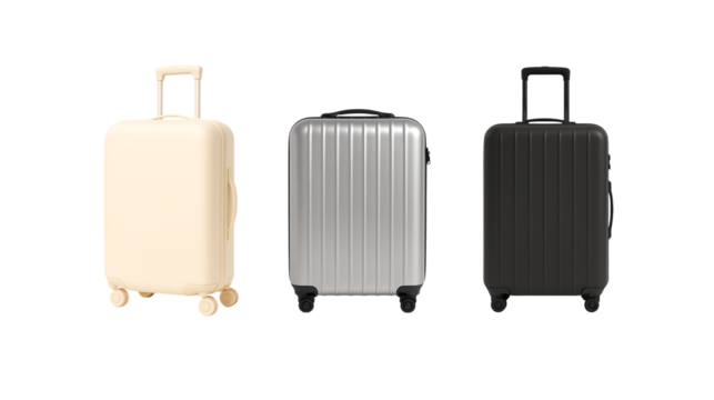 Three minimal travel suitcases standing silver beige and black colors hard case trolley luggage with wheels and handles isolated on transparent background