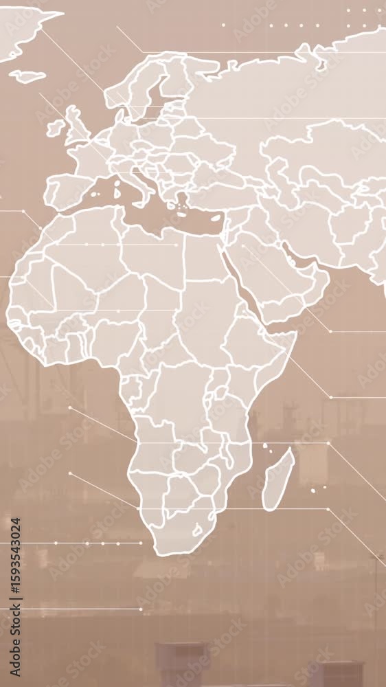 Aufkleber animation of world map and financial data processing over cityscape