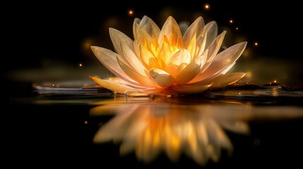 Floating golden lotus flower glowing in calm water symbolizing serenity and peaceful reflections