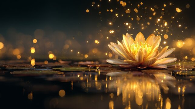 Golden lotus flower floating and glowing on calm water symbolizing tranquility and reflection