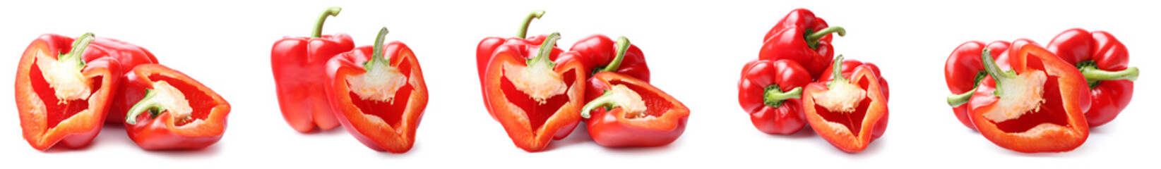 Set of red bell peppers on white background