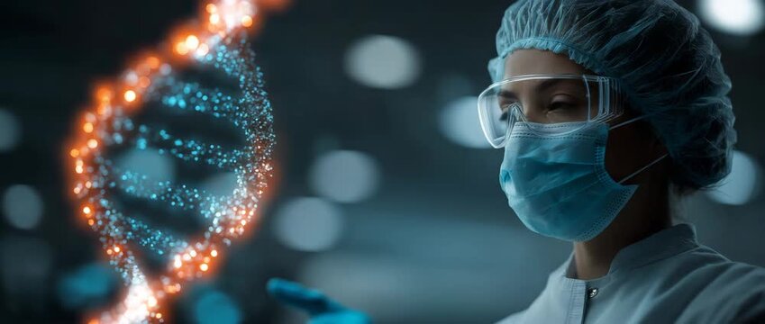 data processing and DNA strands over a hospitalised Asian female physician - Powered by Adobe