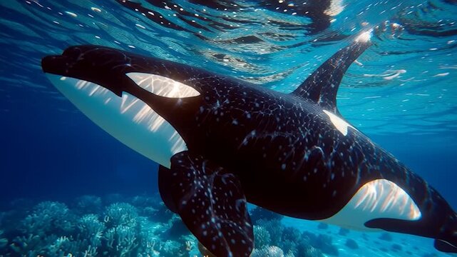 An orca whale swim underwater 