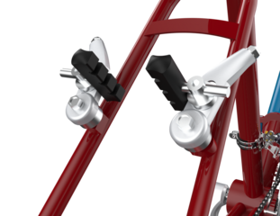 Close-up of bicycle V-brakes with black pads and silver calipers on a red frame, perfect for design. High-resolution, isolated object on a PNG Transparent HD Background, ready for any project.