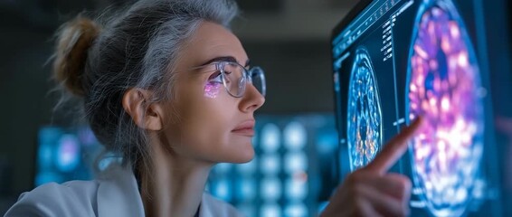 A woman in a lab coat looking at a brain scan, either for research or medical reasons - Powered by Adobe