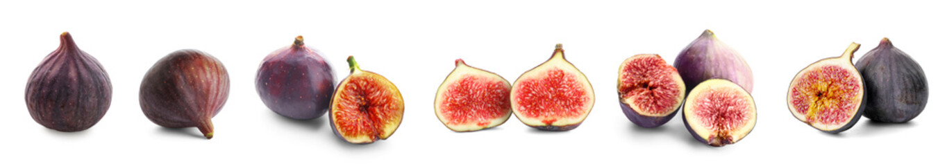 Set of ripe figs on white background