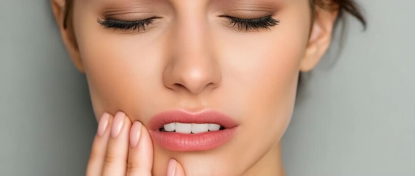 Close-up of a young woman with a severe toothache, exposing her white teeth and feeling pain as she touches her cheek
