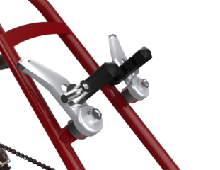 Close-up of bicycle V-brakes with black pads and silver calipers on a red frame, perfect for design. High-resolution, isolated object on a PNG Transparent HD Background, ready for any project.
