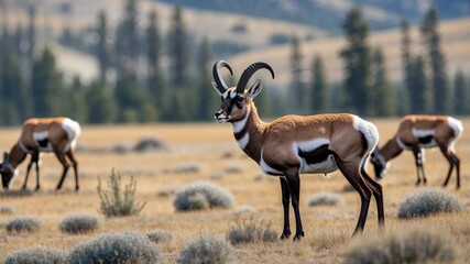 Pronghorn Wildlife in Yellowstone National Park, Wyoming: Grazing Antelope in Nature