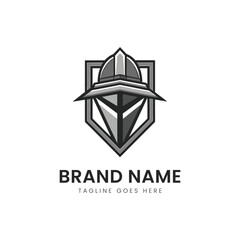 A sleek and modern logo featuring a stylized helmet and shield design, exuding strength and protection, perfect for a security or gaming brand.
