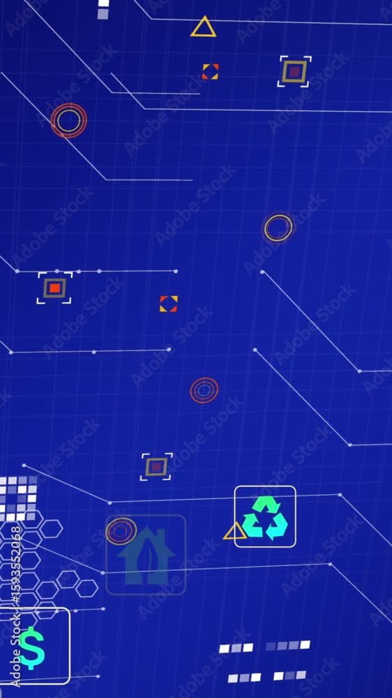 Poster animation of eco icons and data processing over world map