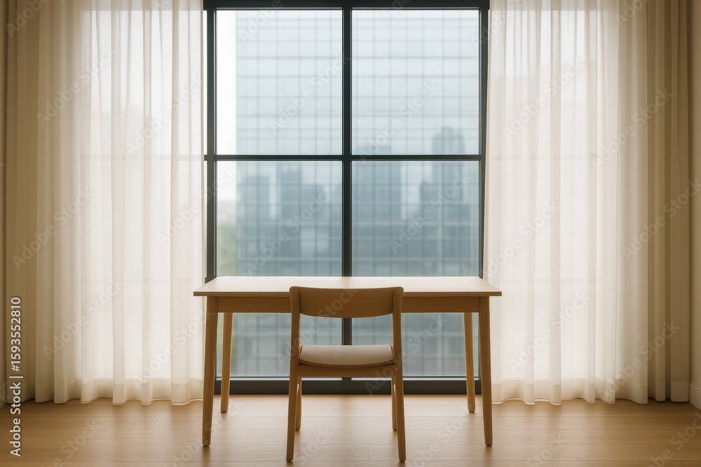 Poster minimalist workspace with desk and chair by large window