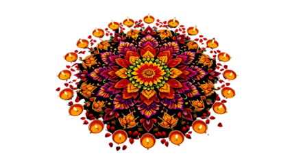 Embossed  large circular rangoli made of colored powders and flowers, burning diyas placed at every edge.