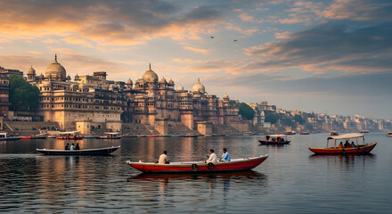 Scenic View of Historic Varanasi Cityscape and Ghats on Ganges River