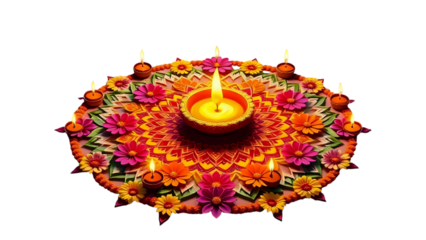 Embossed  large circular rangoli made of colored powders and flowers, burning diyas placed at every edge.