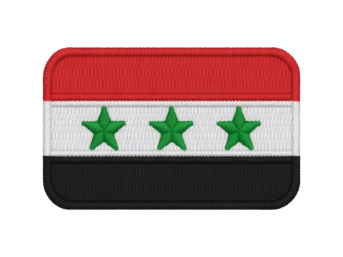 Embroidered Syrian flag patch features patriotic red, white, and black stripes with green stars, transparent background