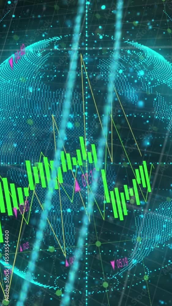 Poster animation of graphs with changing numbers over circles and globe against dots on black background