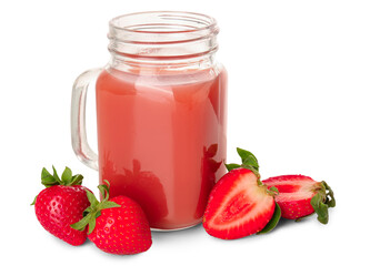 Mason jar with tasty strawberry smoothie on white background