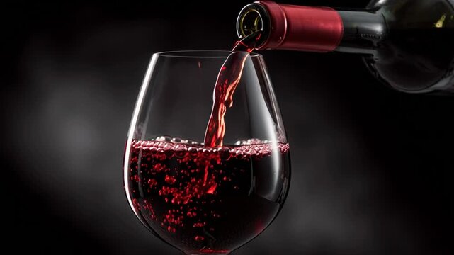Red wine pours from bottle into glass, creating ruby splash and bubbles.