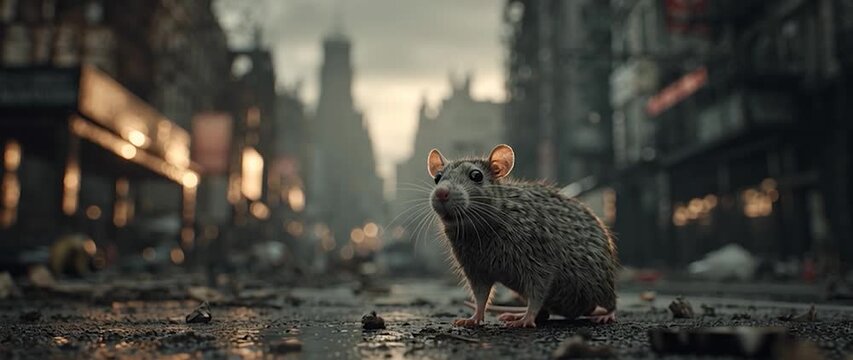 Anamorphic video Dirty rat standing in the middle of an empty city street, symbolic mood of fear and contamination