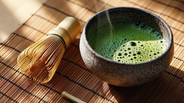 Traditional japanese matcha green tea beverage served in a ceramic bowl, with whisk.