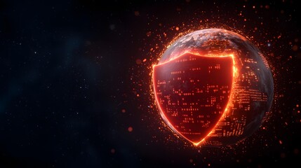 A fiery, digital shield envelops a glowing Earth, symbolizing global cybersecurity and data protection in a futuristic, space-like setting.